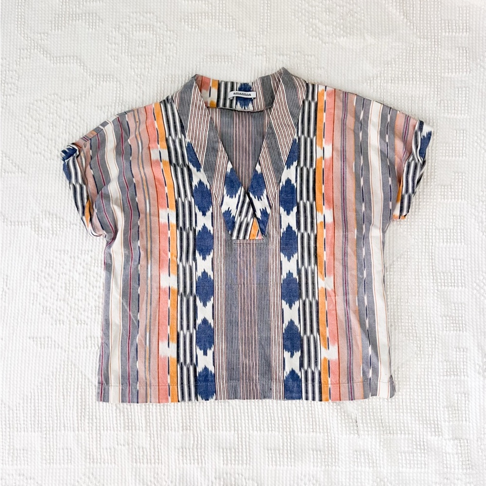 Amannna Tiki Top in Ikat Blue Multi V-Neck Tee